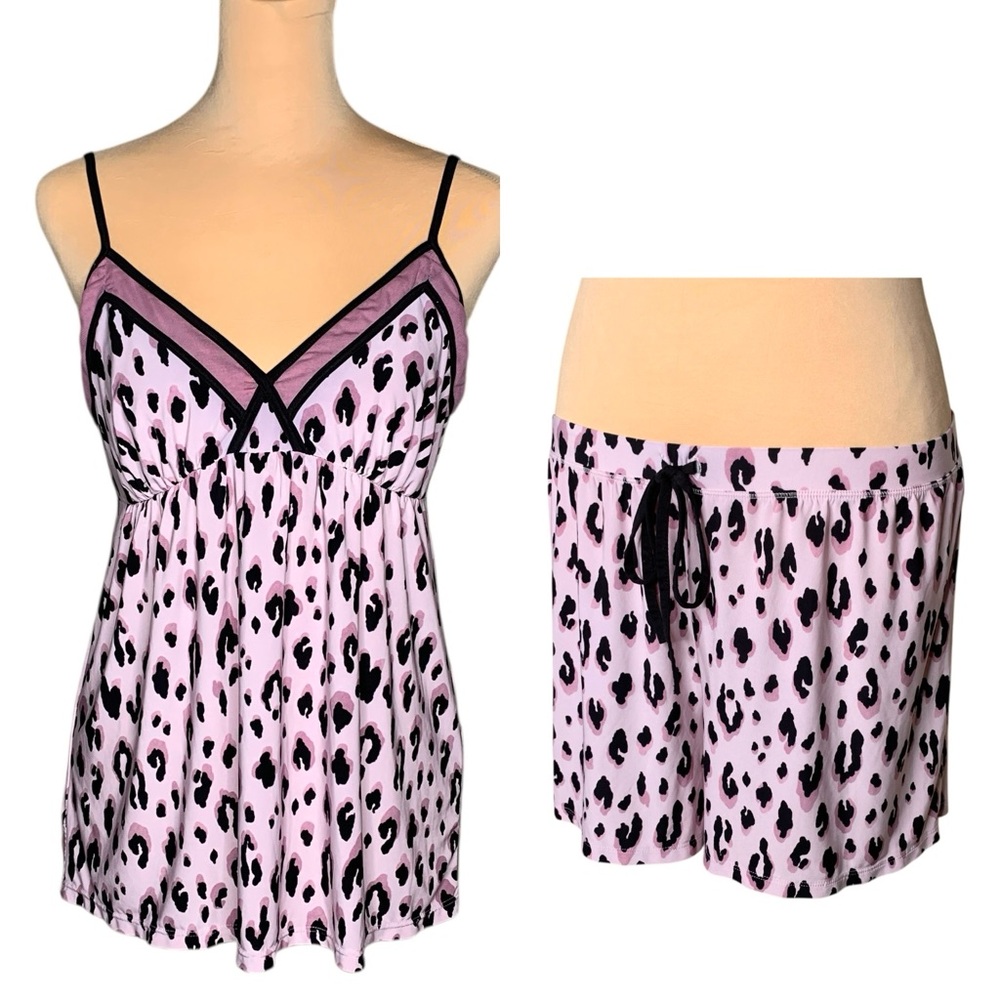 Alfani Leopard Print PJs Babydoll Cami Short 2 Piece Set M Pink Stretchy Lounge
